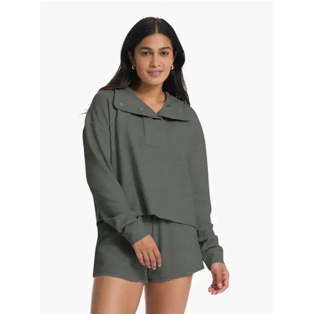 Vuori Bayview Thermal Hoodie Gray Waffle Knit Snap Neck Sweatshirt Womens Large